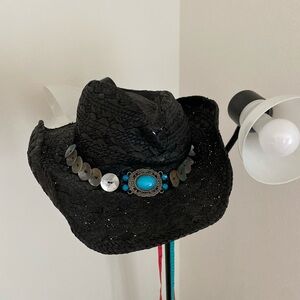 Conner Hats Black Raffia Cowboy Hat Turquoise Concho Band Women’s